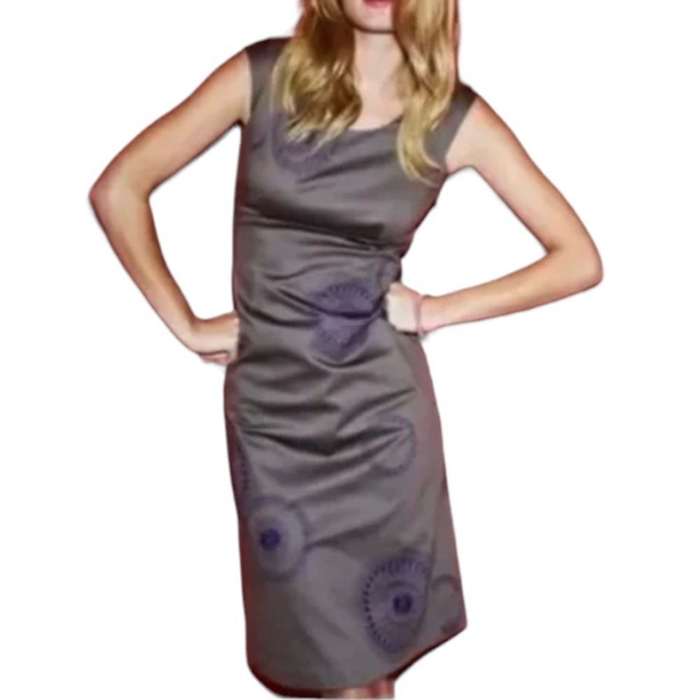 BODEN Grey Dress Sheath Embroidered Purple Mandalas Cap Sleeves Size 4 L